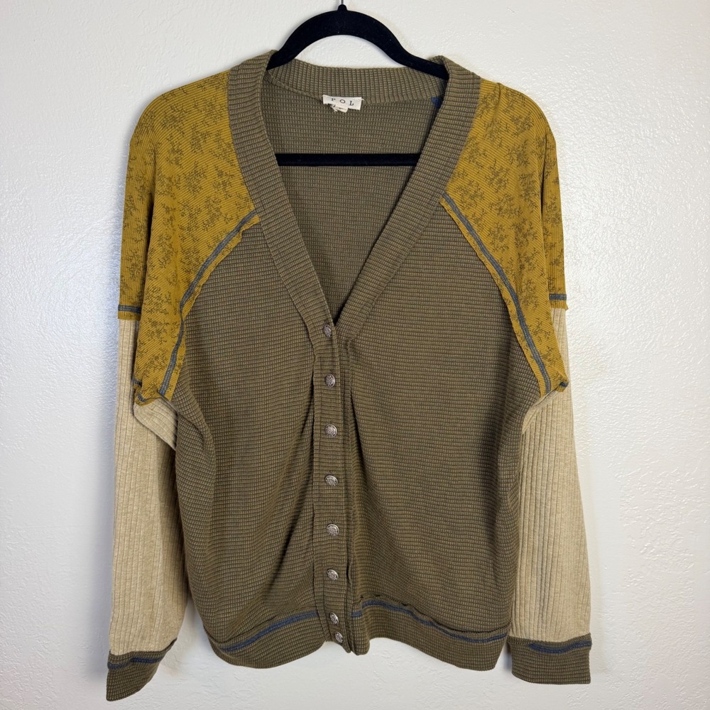 POL Womens S Mixed Media Thermal Waffle Knit Cardigan Olive Mustard Boho Earthy